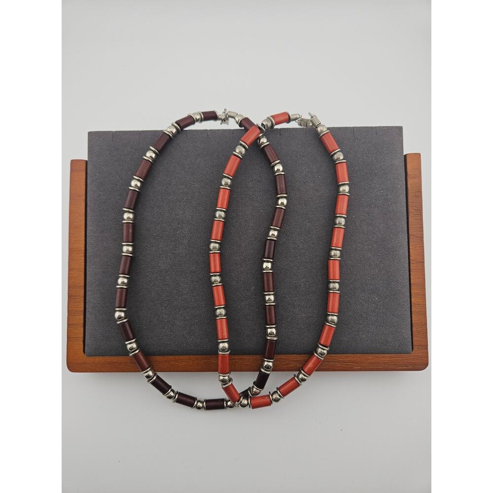 Beaded Silver Tone Spacer Necklaces Surfer Style Brown Red Orange 90s Y2K Beach